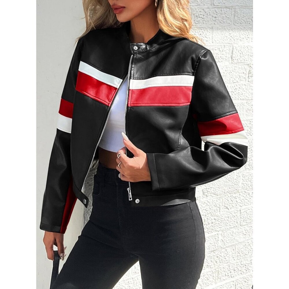 Women's Cropped Moto Biker Jackets Faux Leather Bomber Jacket Racing Black - Picture 3 of 5